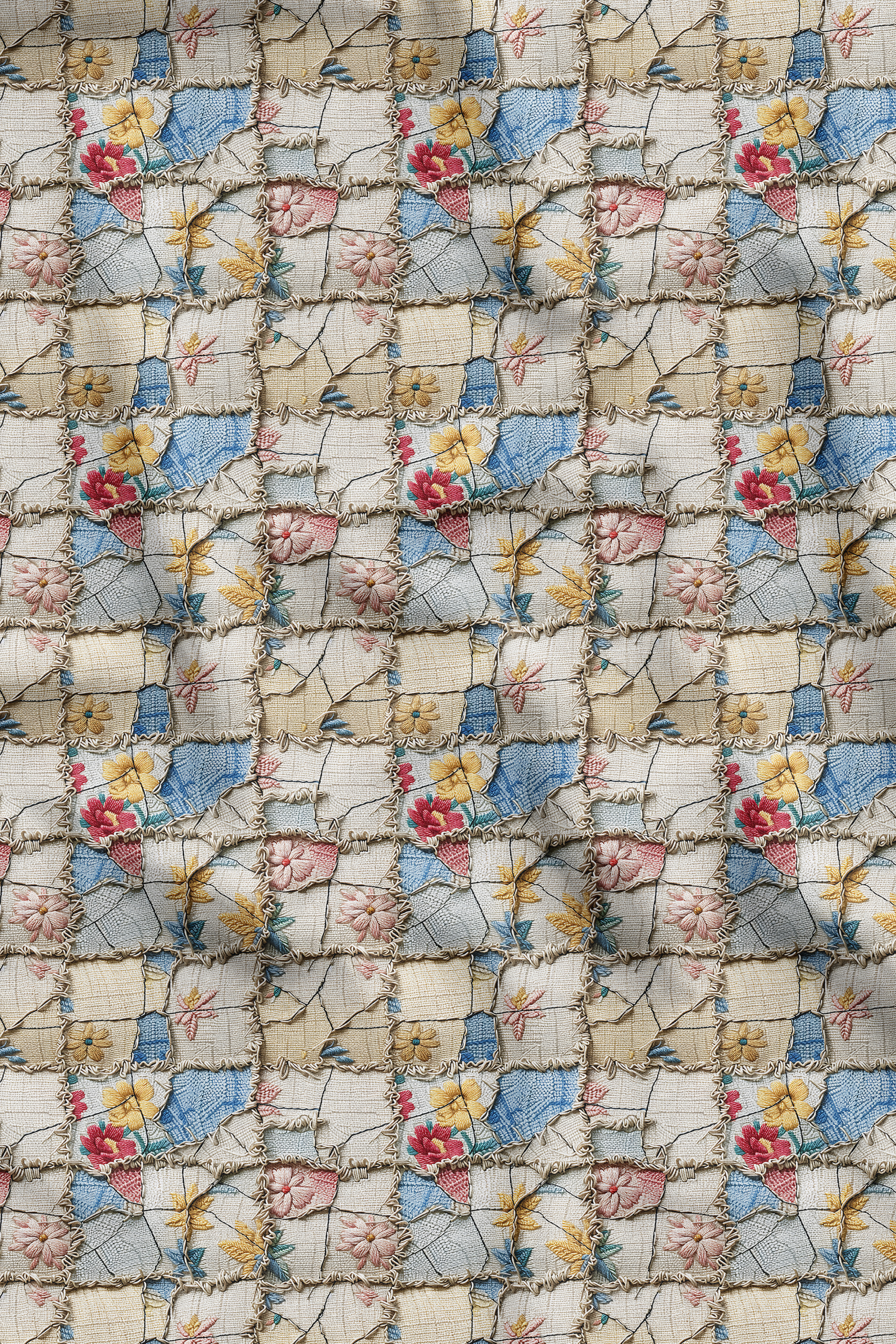 3D Patchwork Çiçek Desenli Dijital Baskılı Kumaş