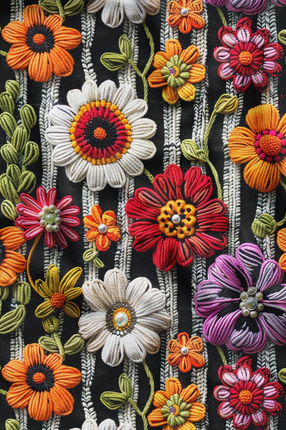 3D Siyah Beyaz Örgü Papatya Desenli Dijital Baskılı Kumaş