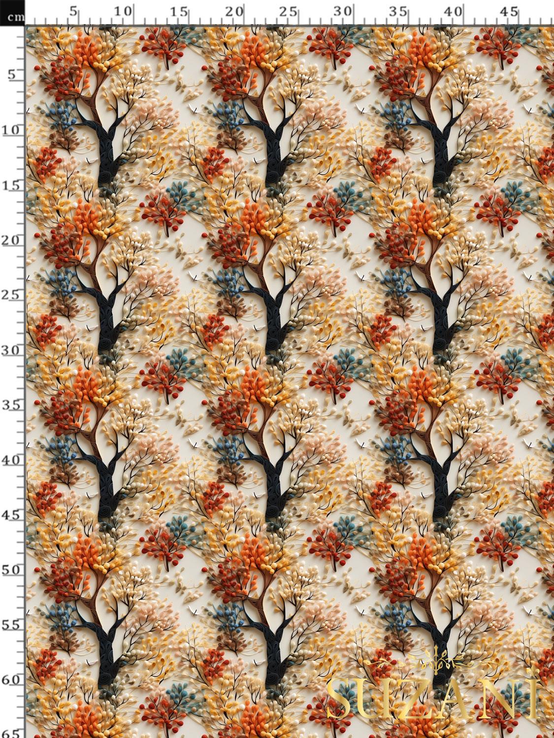 3D Sonbahar Ağaçları Desenli Dijital Baskılı Kumaş