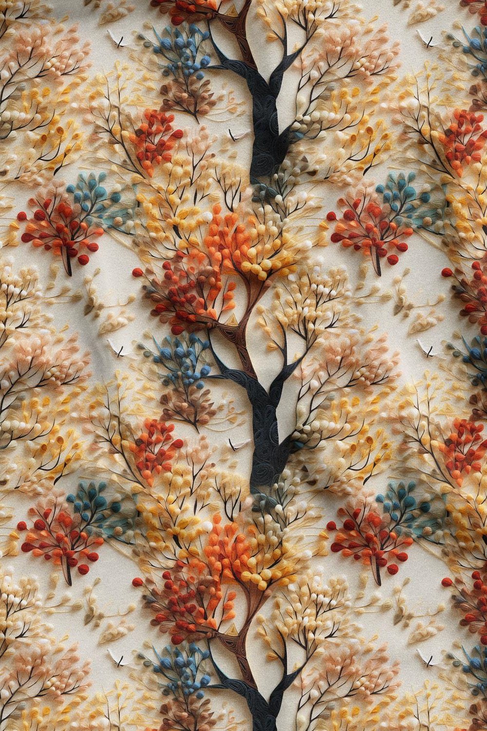 3D Sonbahar Ağaçları Desenli Dijital Baskılı Kumaş