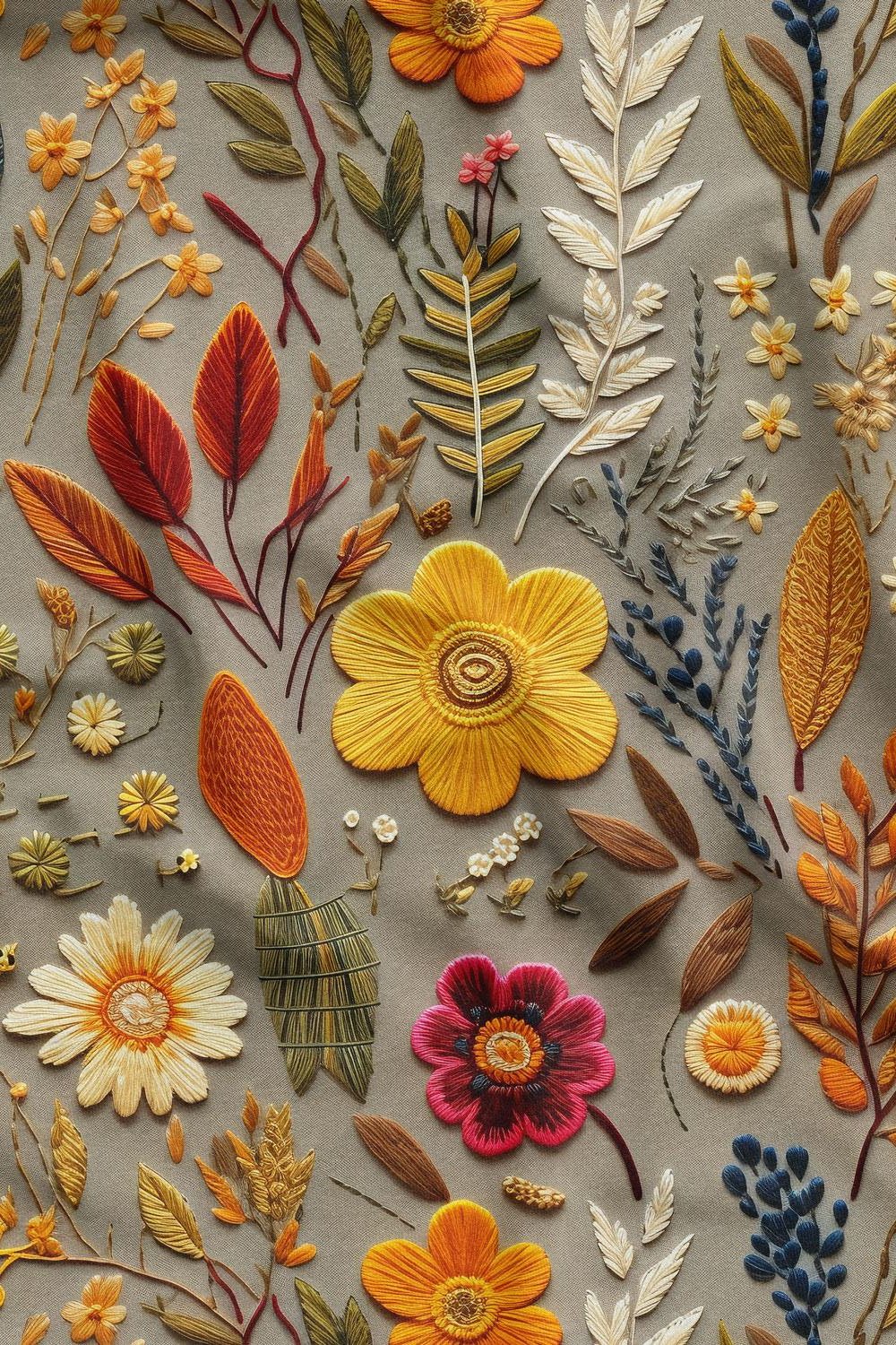 3D Sonbahar Çiçekleri Desenli Dijital Baskılı Kumaş