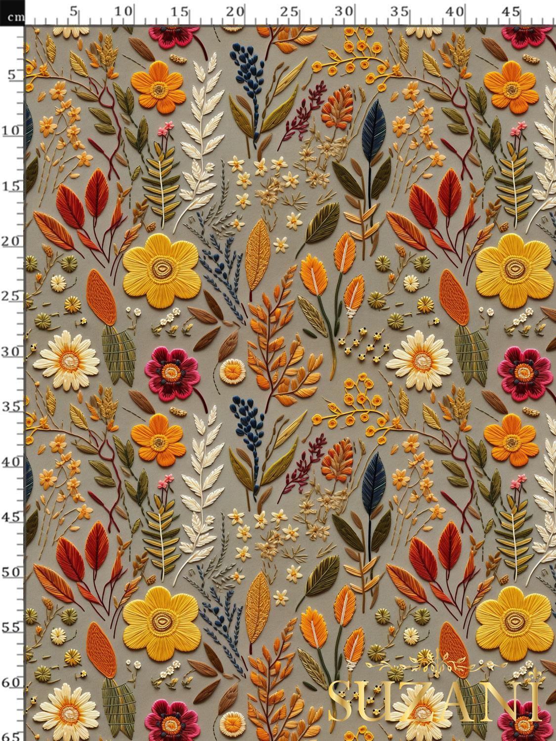 3D Sonbahar Çiçekleri Desenli Dijital Baskılı Kumaş