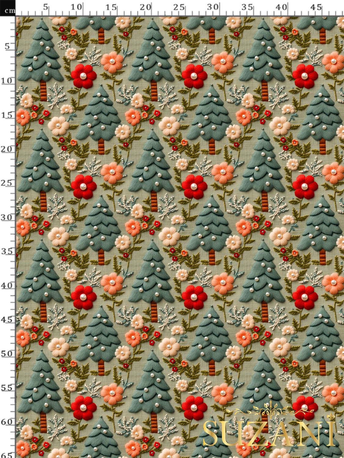 3D Sonbahar Keten Zeminli Çam Desenli Dijital Baskılı Kumaş