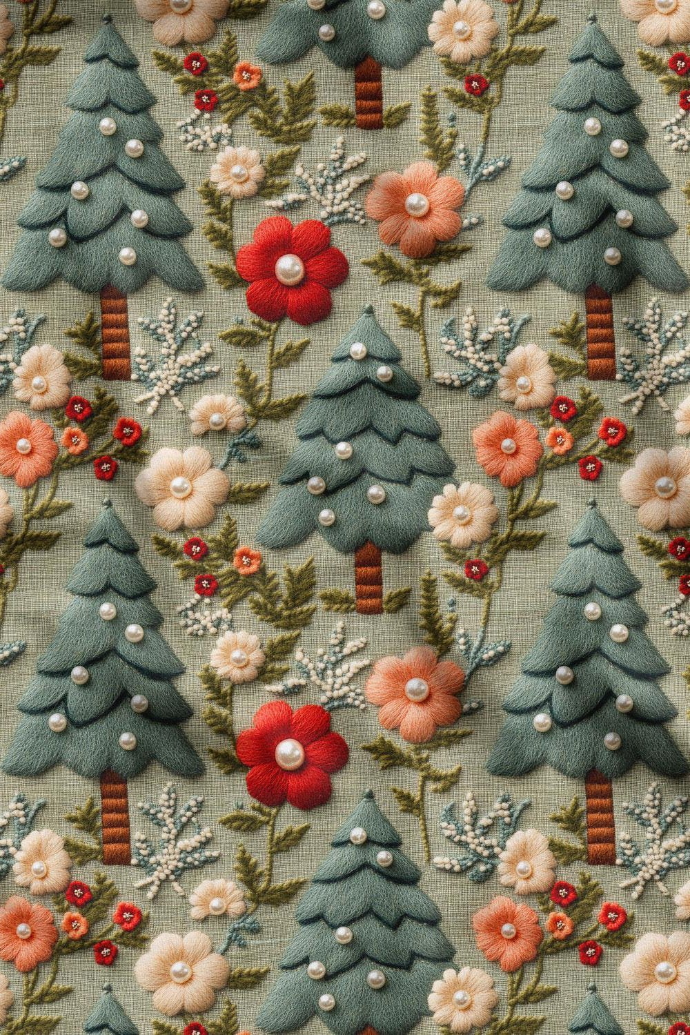 3D Sonbahar Keten Zeminli Çam Desenli Dijital Baskılı Kumaş