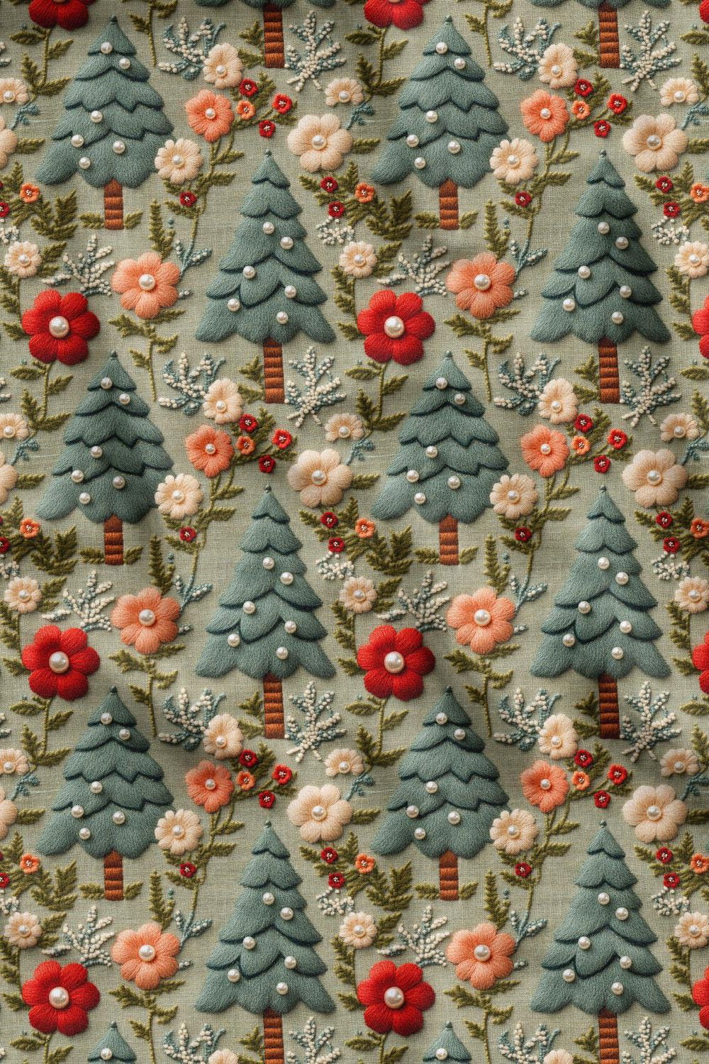 3D Sonbahar Keten Zeminli Çam Desenli Dijital Baskılı Kumaş