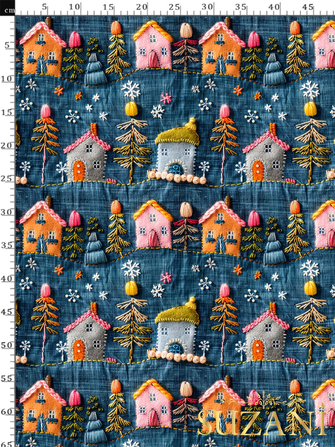 3D Sonbahar Keten Zeminli Evler Desenli Dijital Baskılı Kumaş