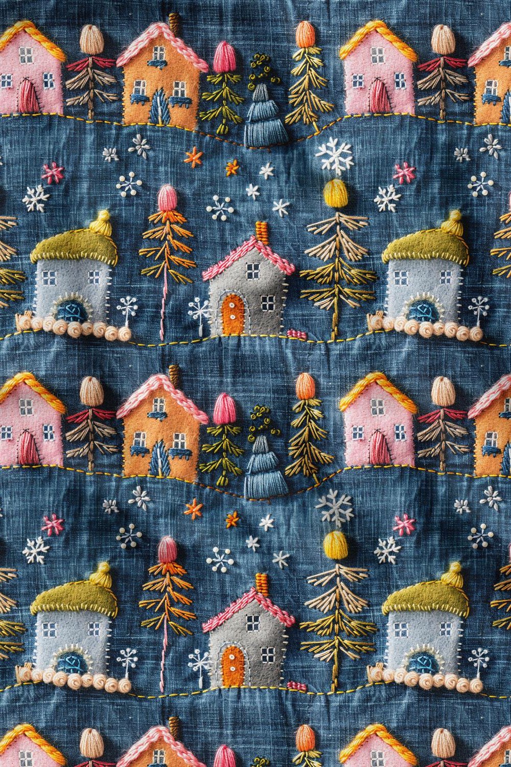 3D Sonbahar Keten Zeminli Evler Desenli Dijital Baskılı Kumaş