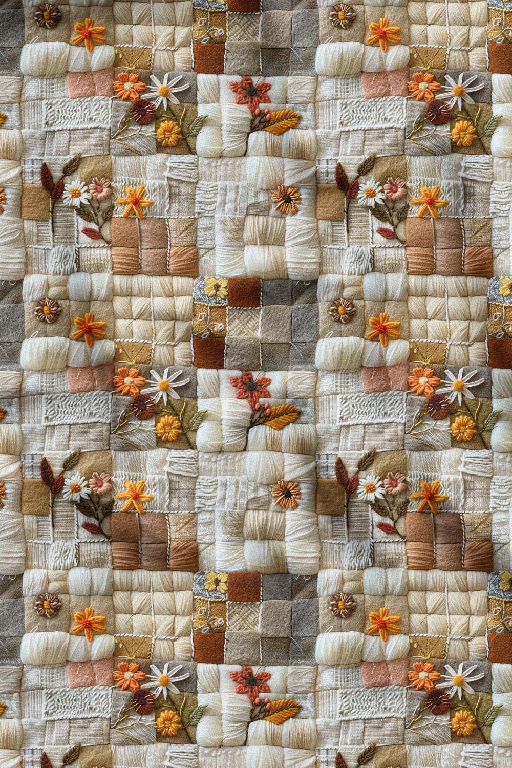 3D Sonbahar Papatya Patchwork Desenli Dijital Baskılı Kumaş