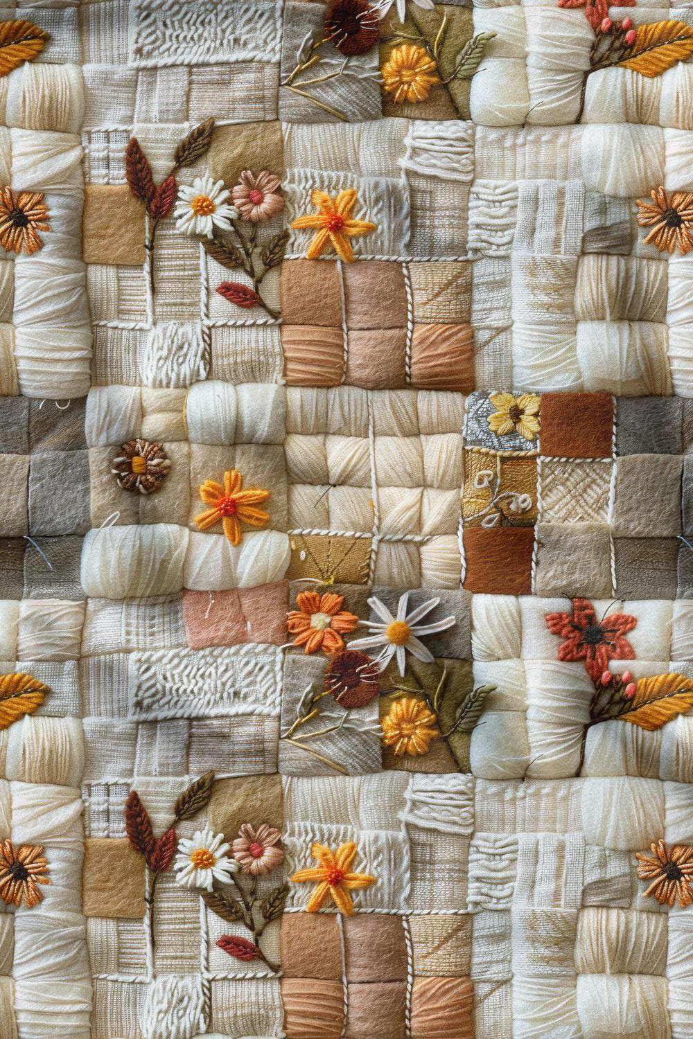 3D Sonbahar Papatya Patchwork Desenli Dijital Baskılı Kumaş