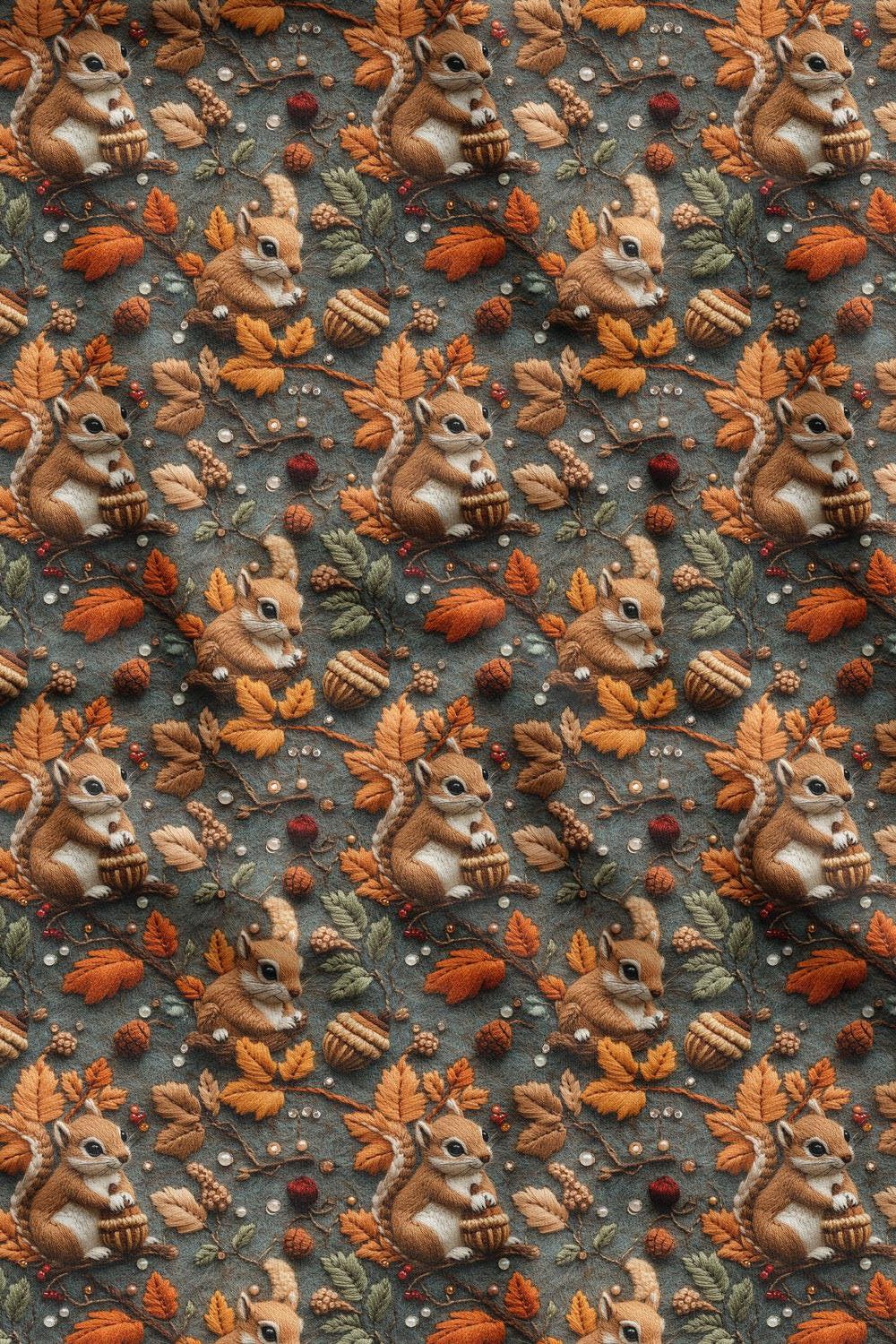 3D Sonbahar Sincap Desenli Dijital Baskılı Kumaş