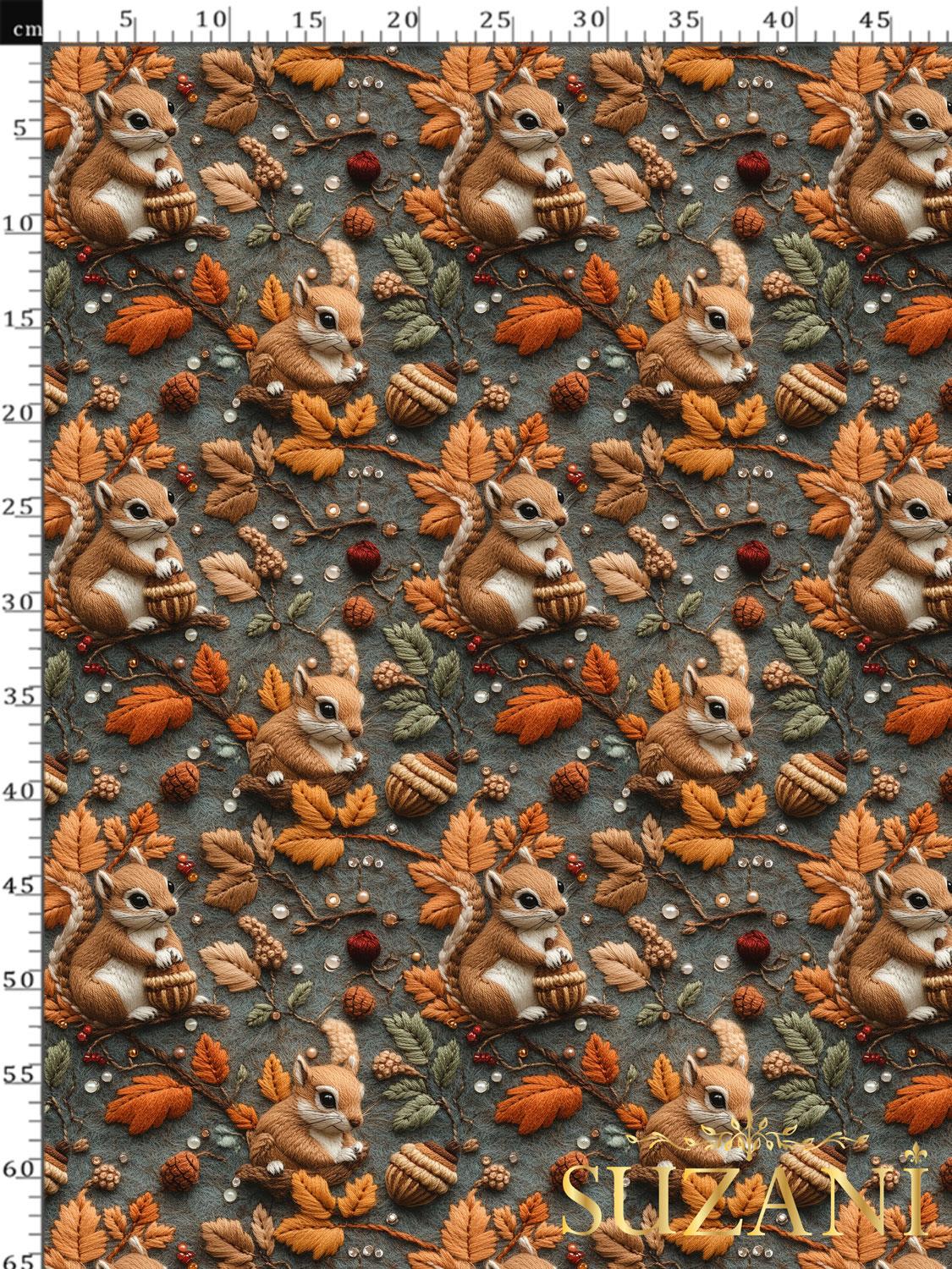 3D Sonbahar Sincap Desenli Dijital Baskılı Kumaş