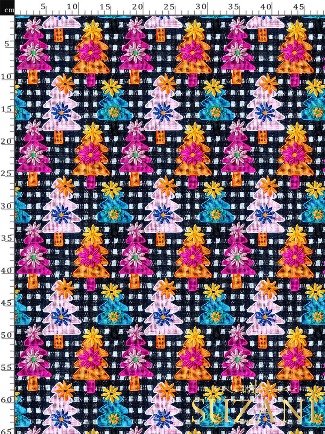 3D Yılbaşı Ekose Çam Desenli Dijital Baskılı Kumaş