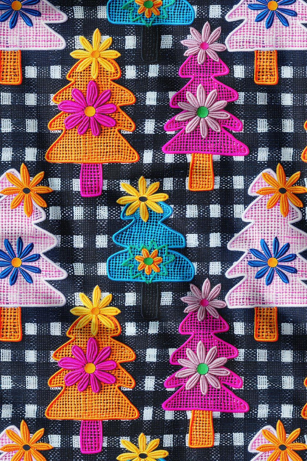 3D Yılbaşı Ekose Çam Desenli Dijital Baskılı Kumaş