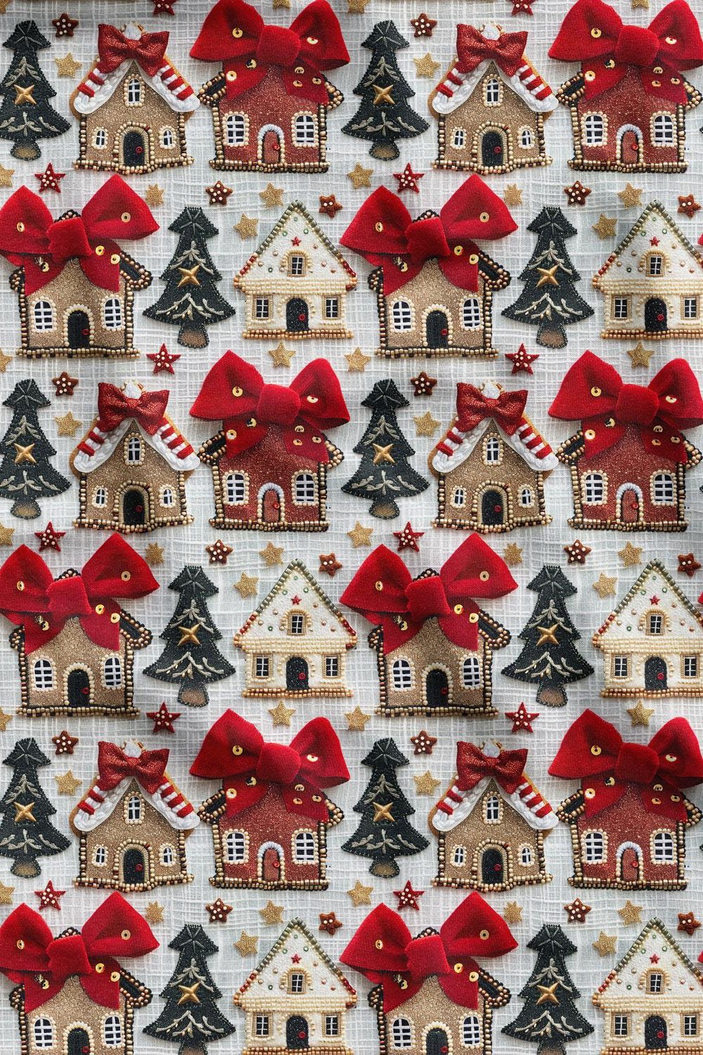 3D Yılbaşı Evler Desenli Dijital Baskılı Kumaş