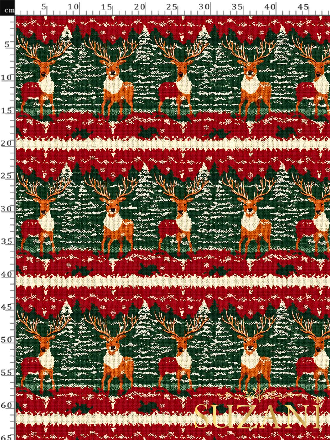 3D Yılbaşı Geyik Desenli Dijital Baskılı Kumaş