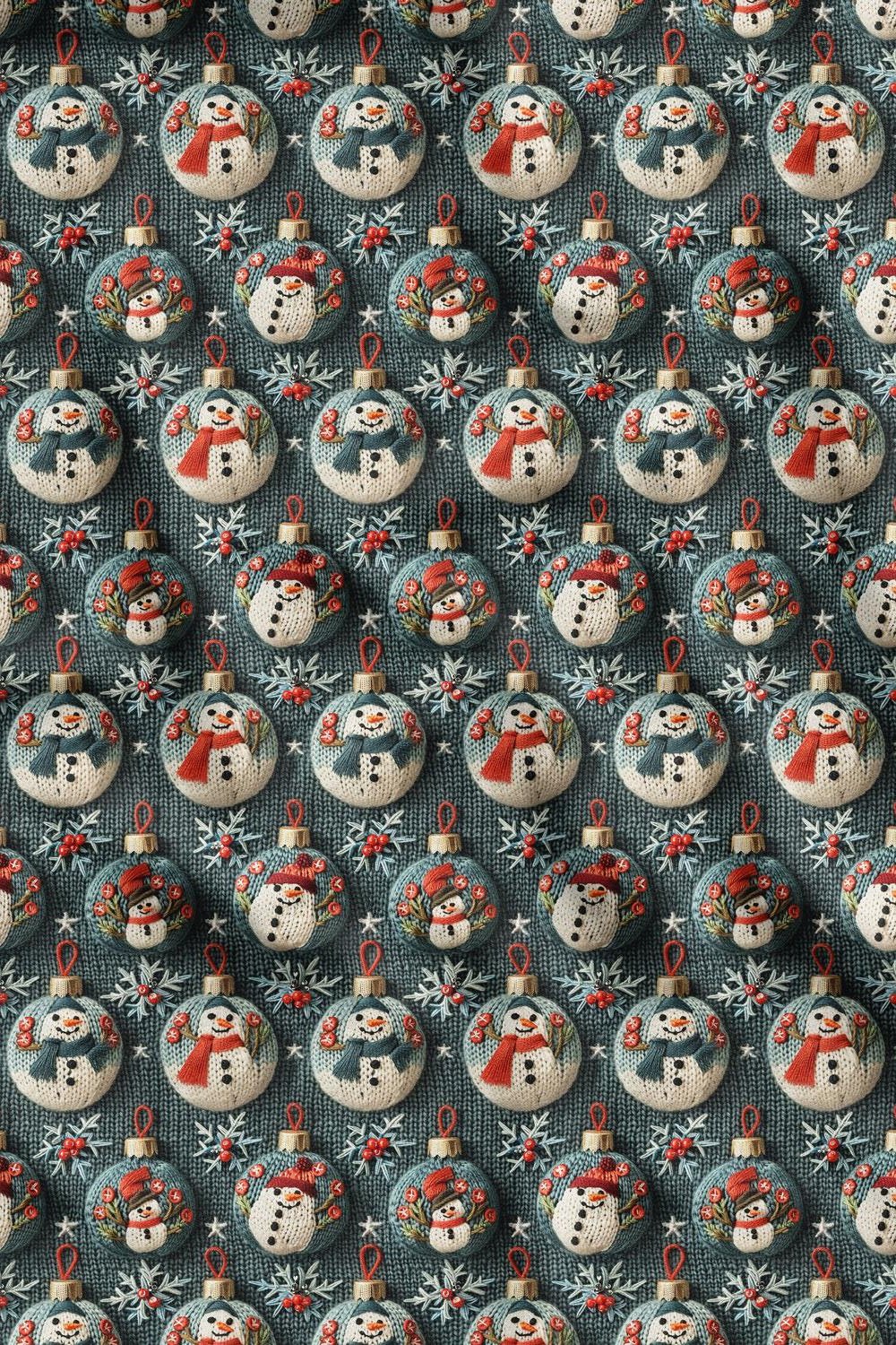 3D Yılbaşı Küreli Kardan Adam Desenli Dijital Baskılı Kumaş