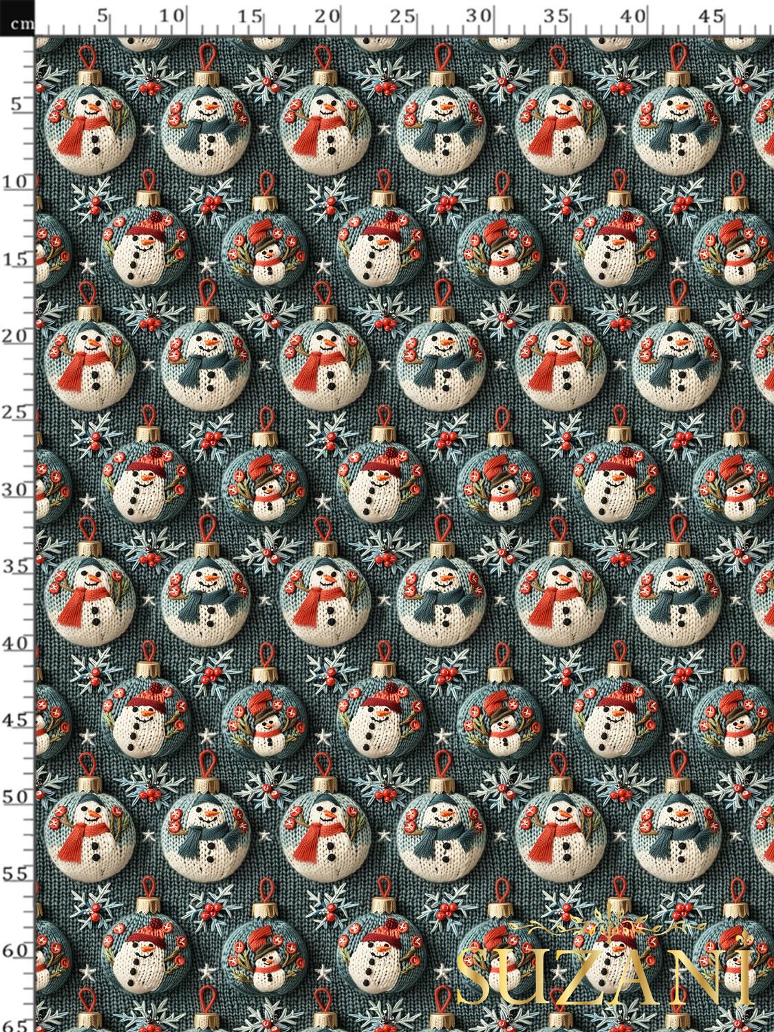 3D Yılbaşı Küreli Kardan Adam Desenli Dijital Baskılı Kumaş