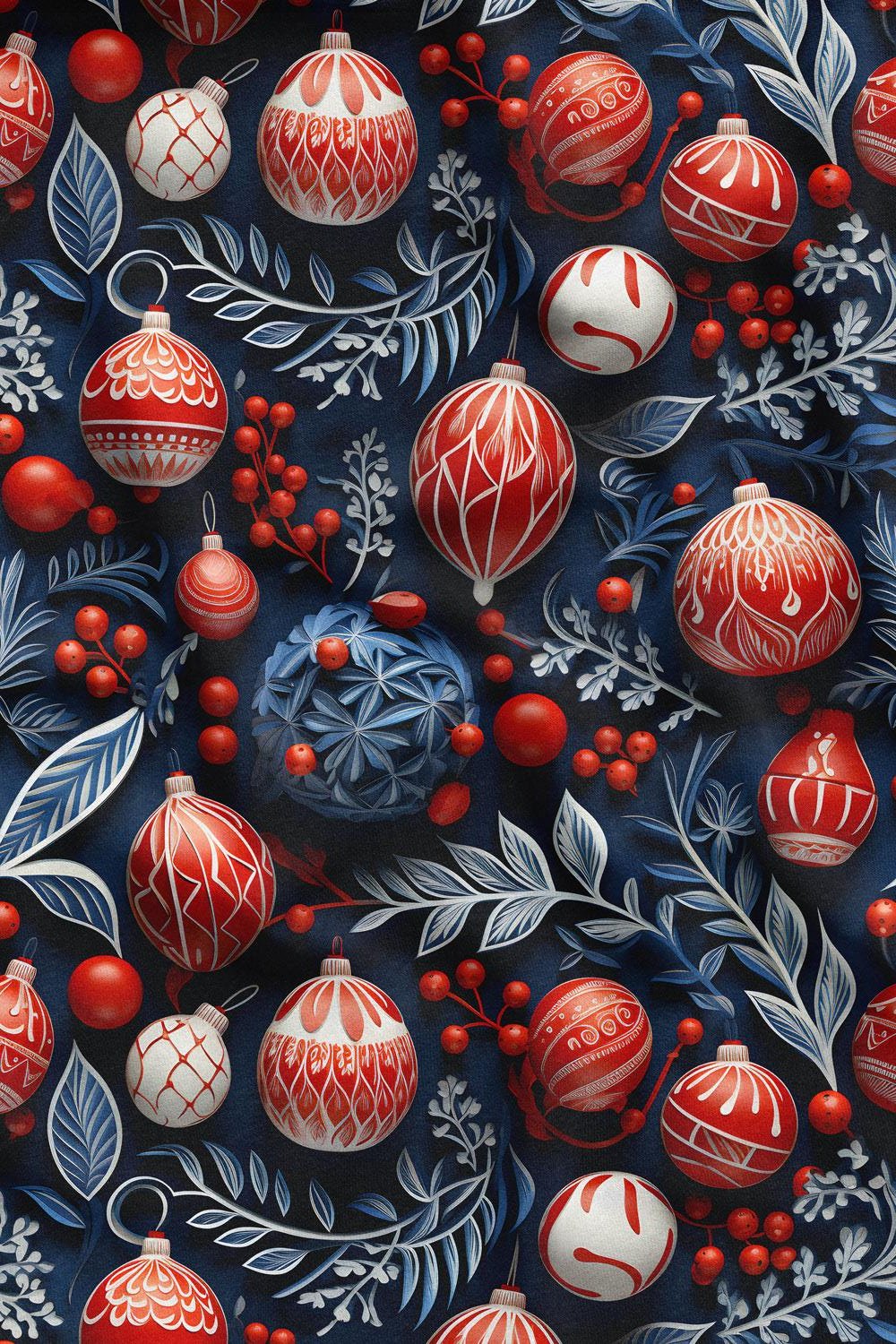 3D Yılbaşı Lacivert Küreler Desenli Dijital Baskılı Kumaş