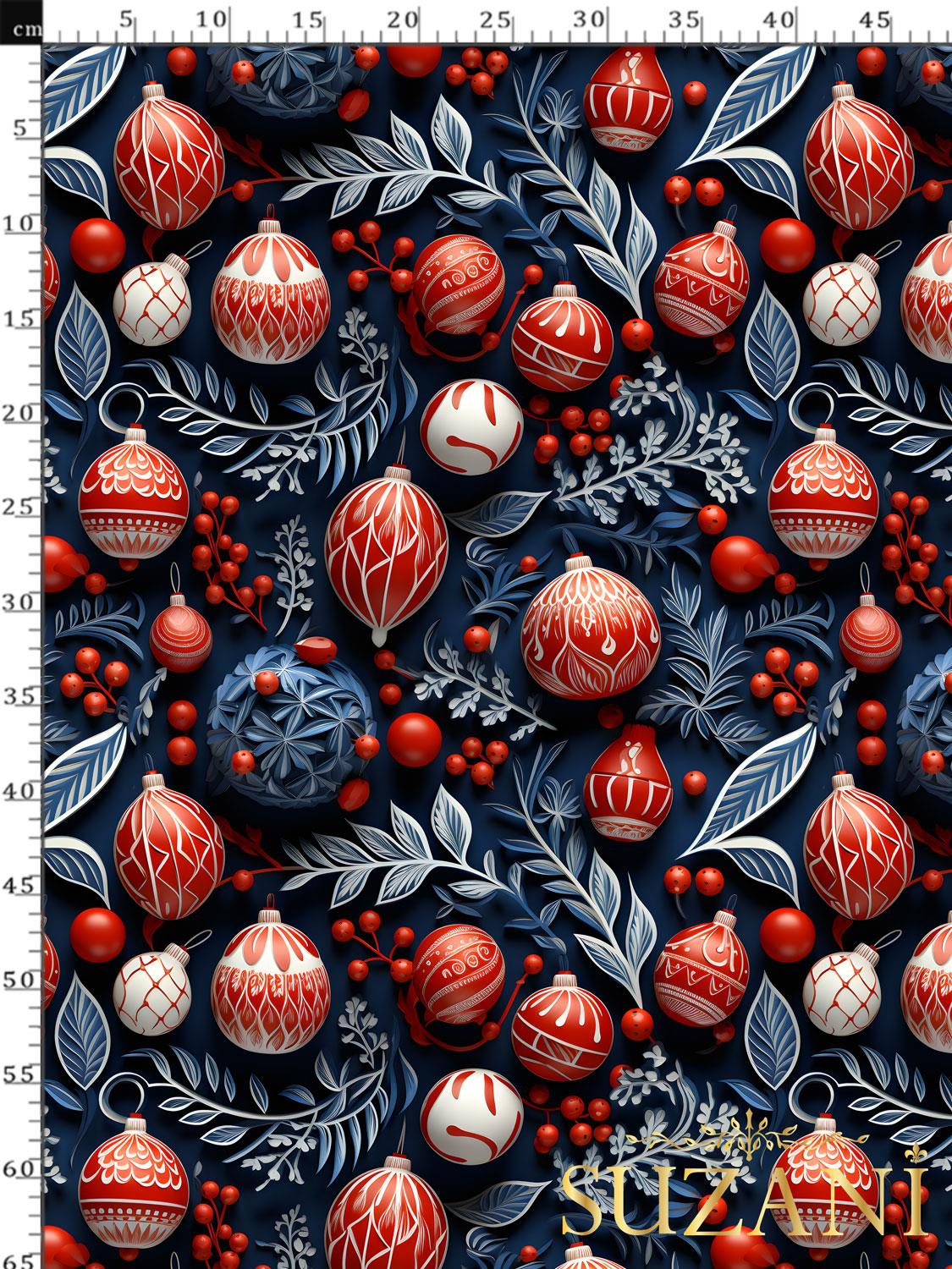 3D Yılbaşı Lacivert Küreler Desenli Dijital Baskılı Kumaş