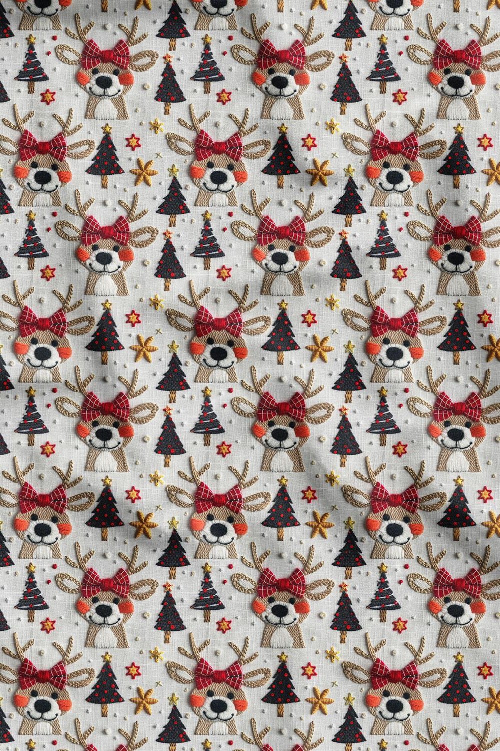 3D Yılbaşı Nakışlı Geyik Desenli Dijital Baskılı Kumaş