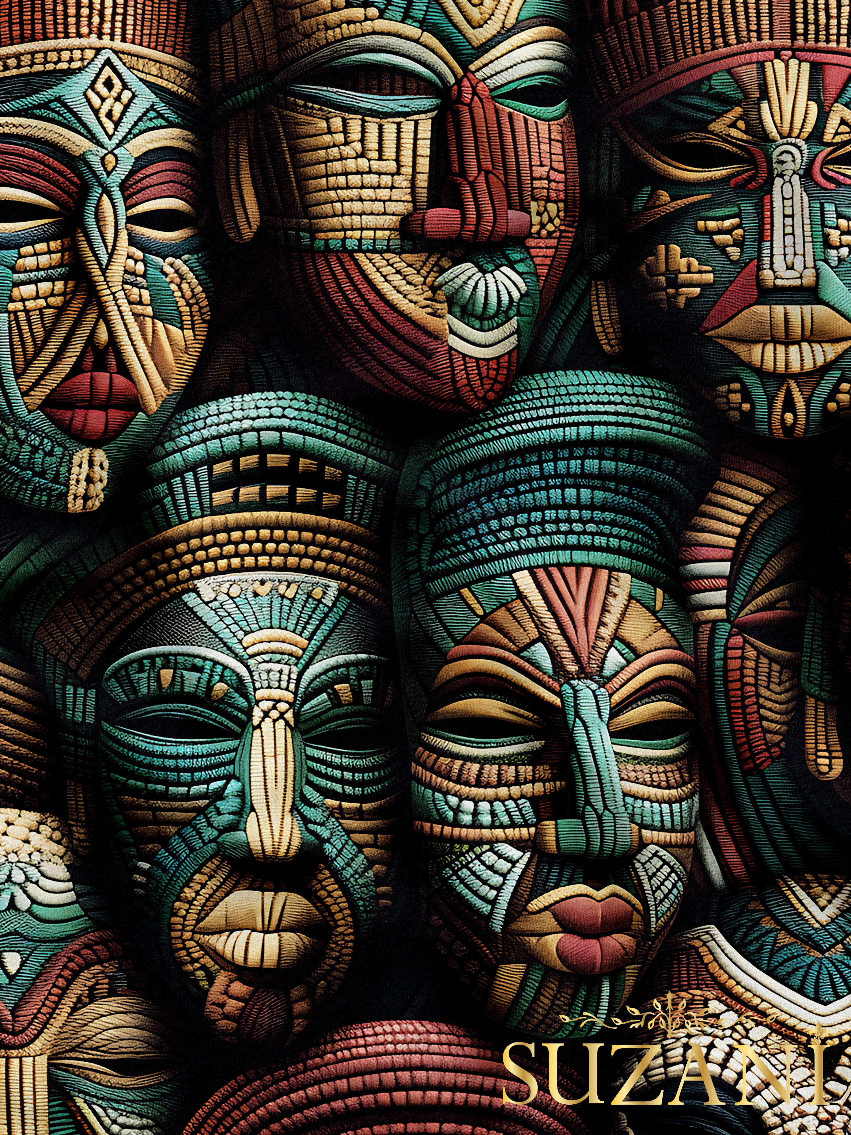 Afrika Kabile Maske Desenli Dijital Baskılı Kumaş