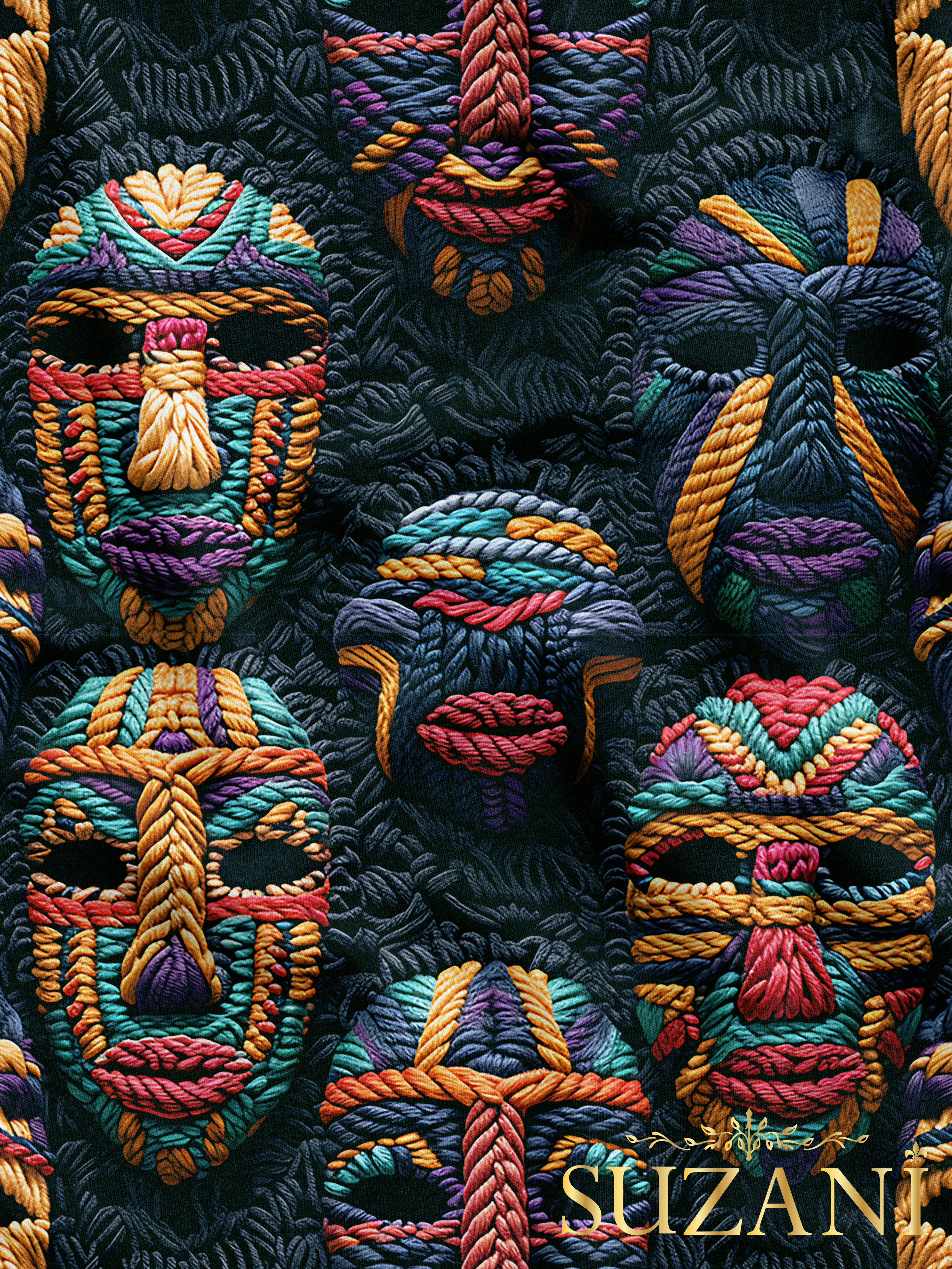 Afrika Maske Desenli Dijital Baskılı Kumaş