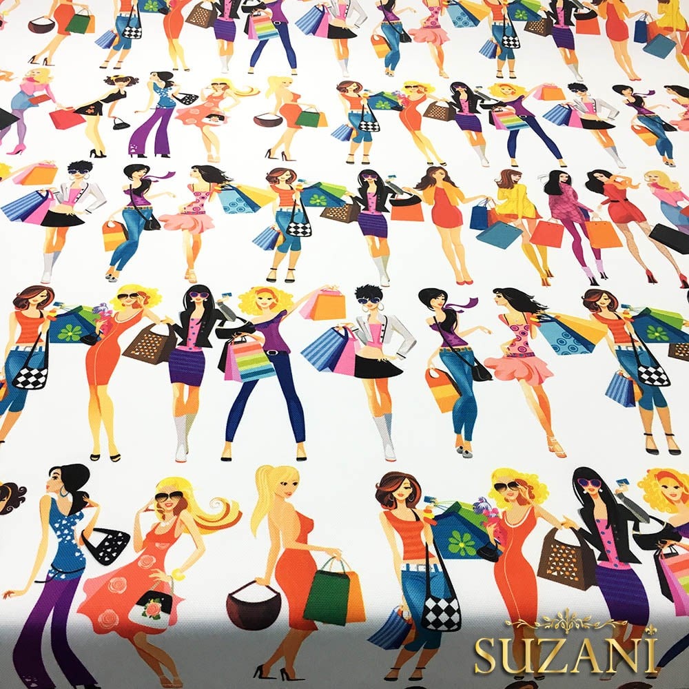 Alışveriş Yapan Kızlar Desenli Kumaş