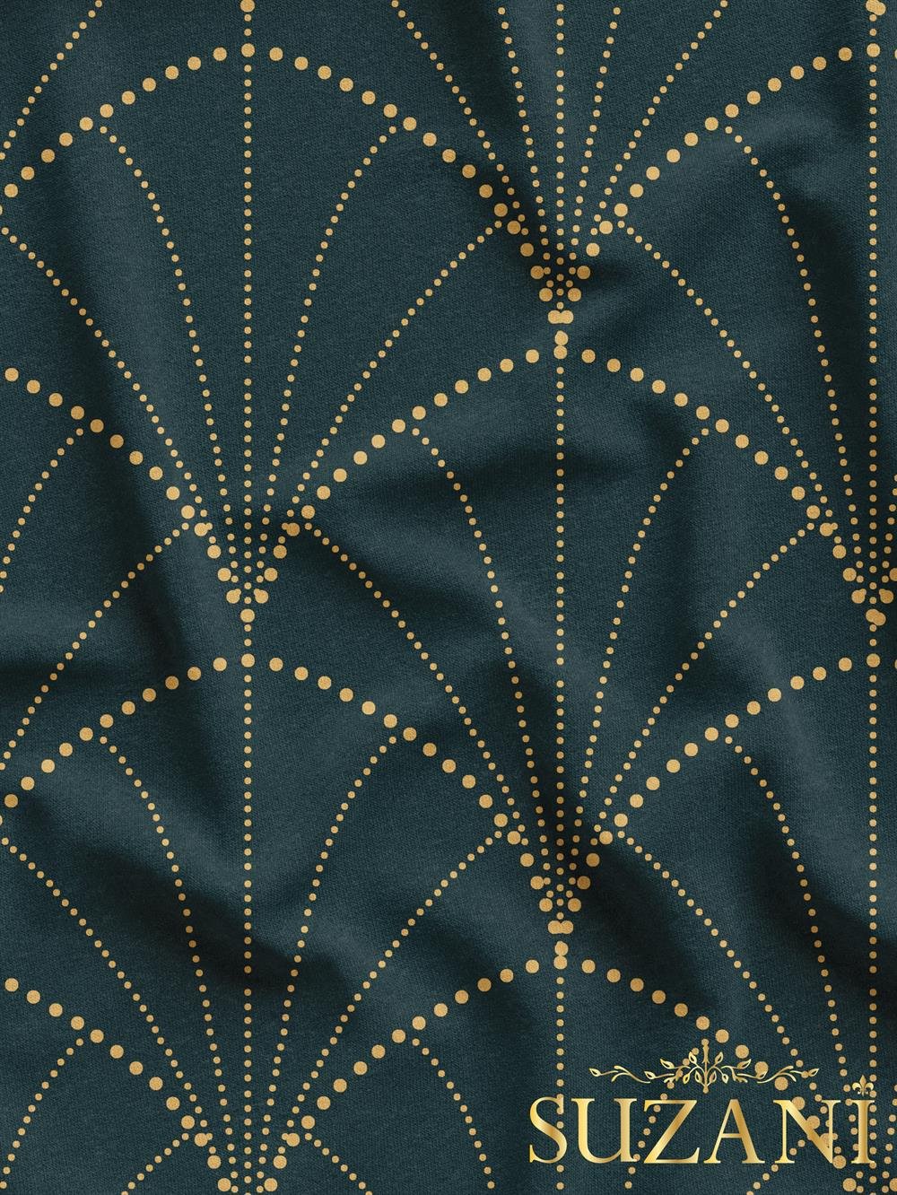 Altın Çizgili Geometrik Lacivert Zemin Desenli Dijital Baskılı Kumaş