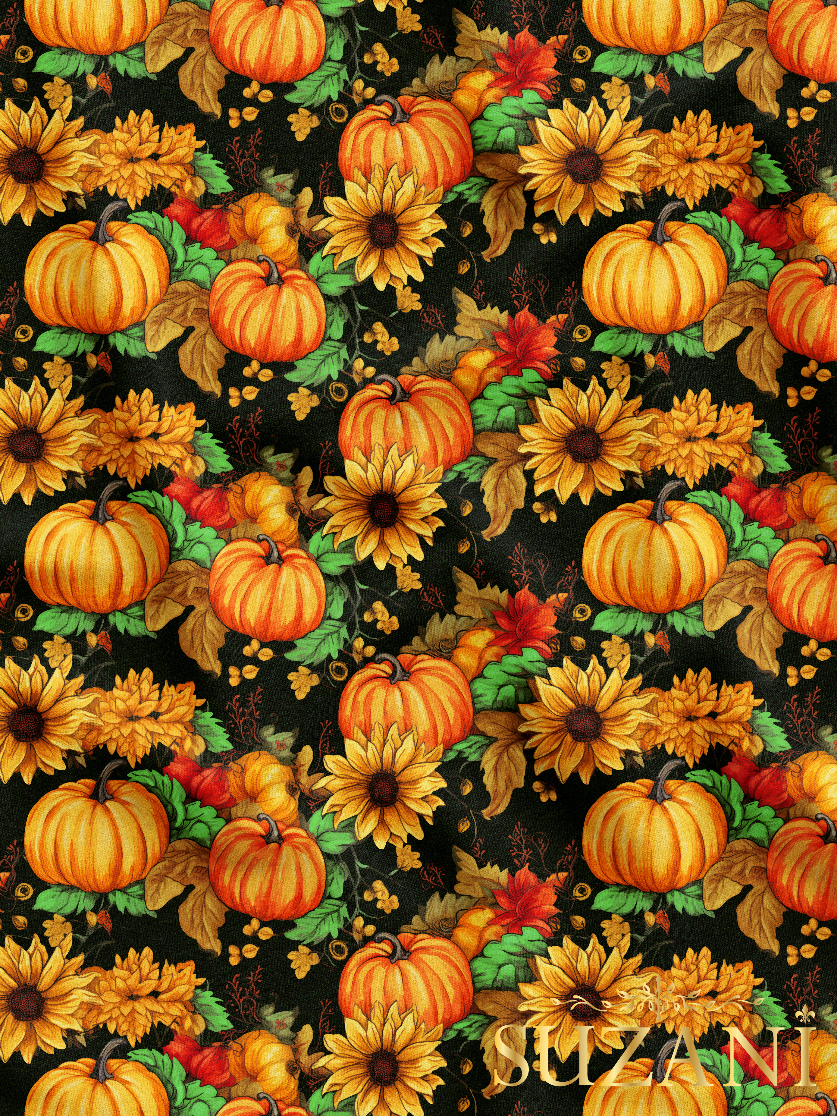 Ayçiçekli Balkabağı Desenli Dijital Baskılı Kumaş