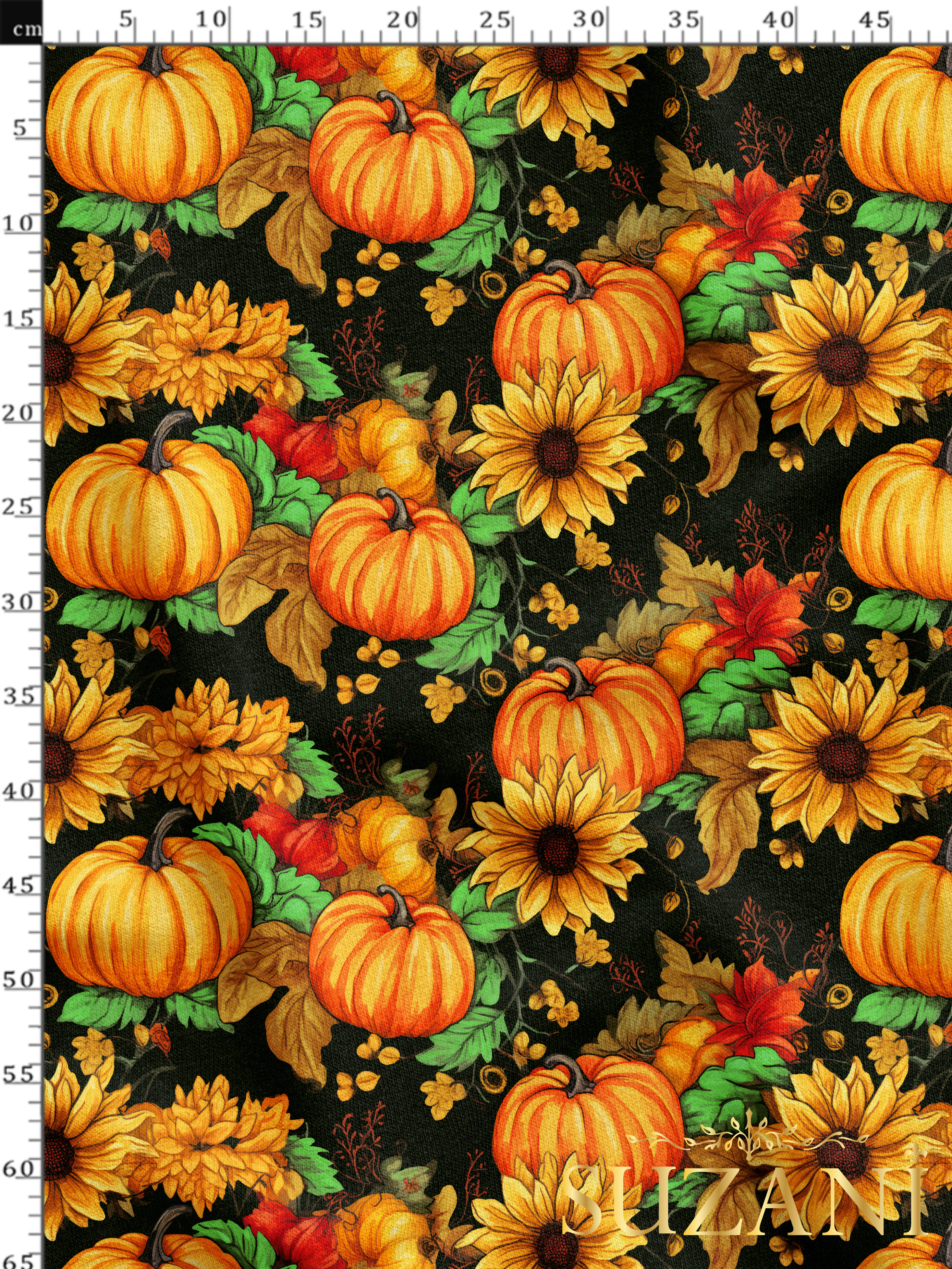 Ayçiçekli Balkabağı Desenli Dijital Baskılı Kumaş