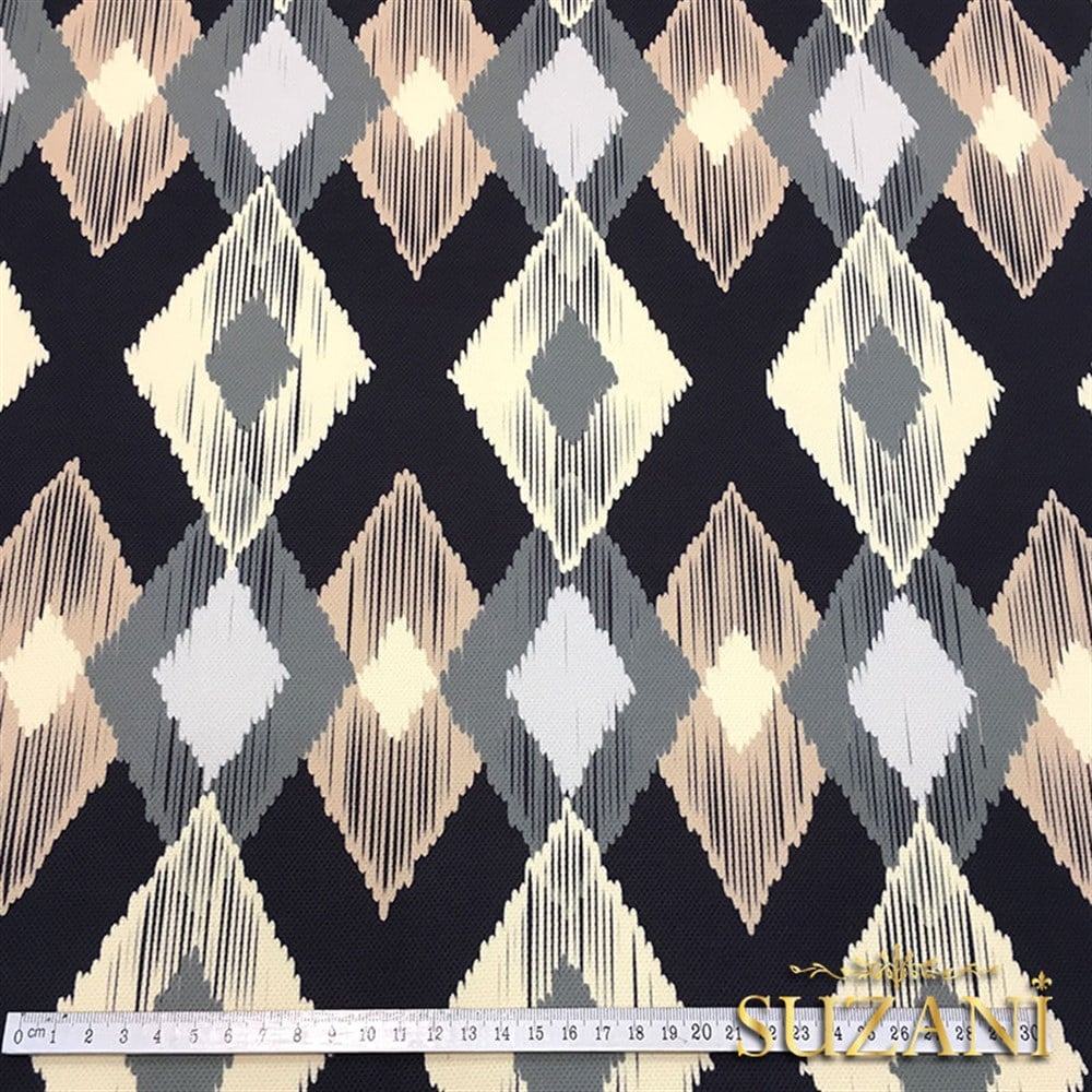 Bej Siyah Baklava İkat Kumaş