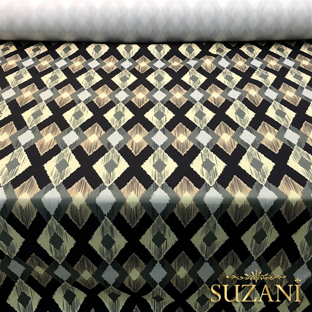 Bej Siyah Baklava İkat Kumaş