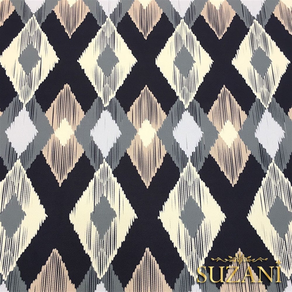 Bej Siyah Baklava İkat Kumaş