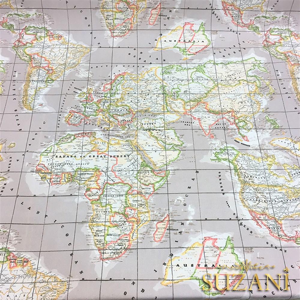 Bej Zemin Dünya Haritası Kumaş