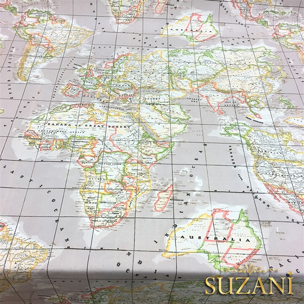 Bej Zemin Dünya Haritası Kumaş