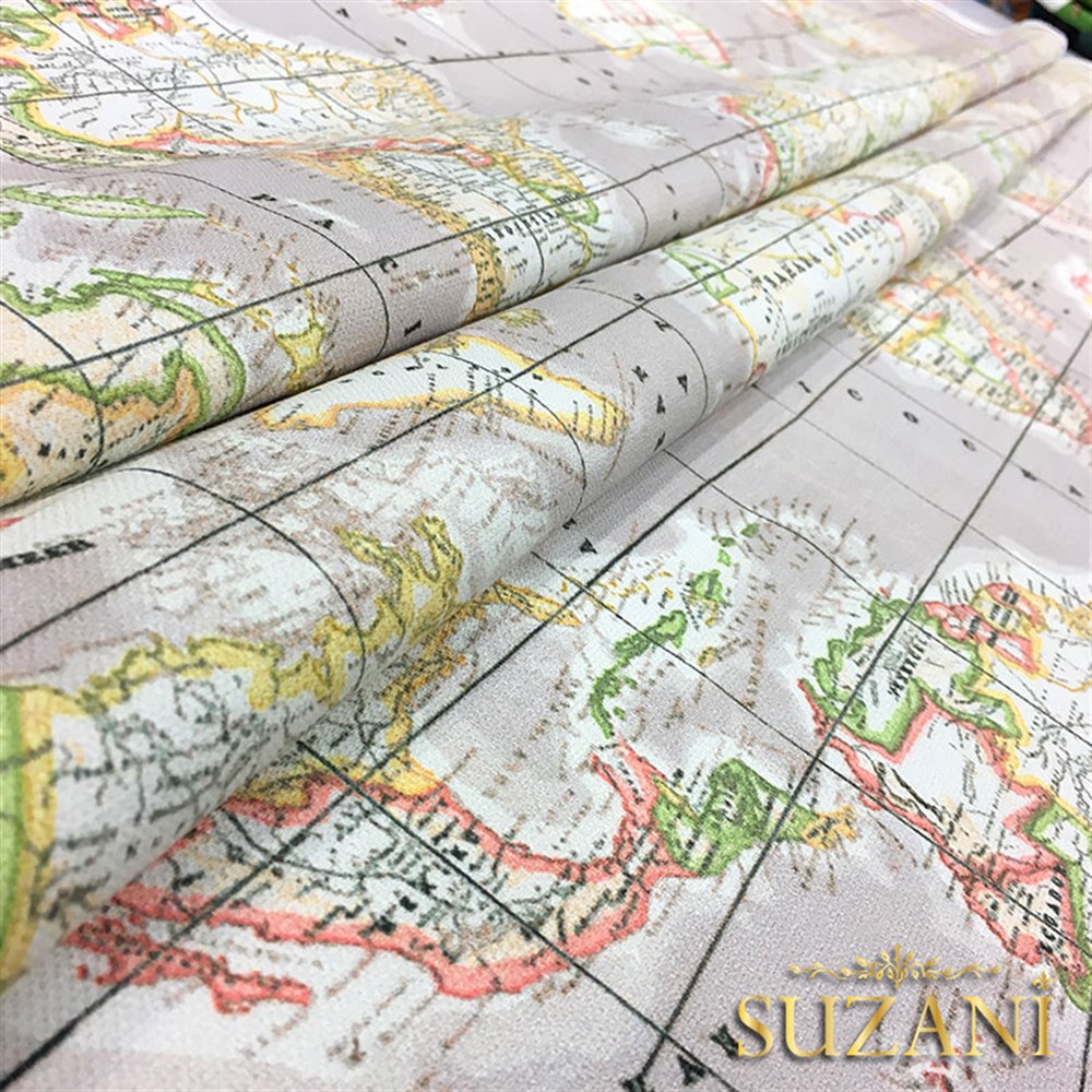 Bej Zemin Dünya Haritası Kumaş