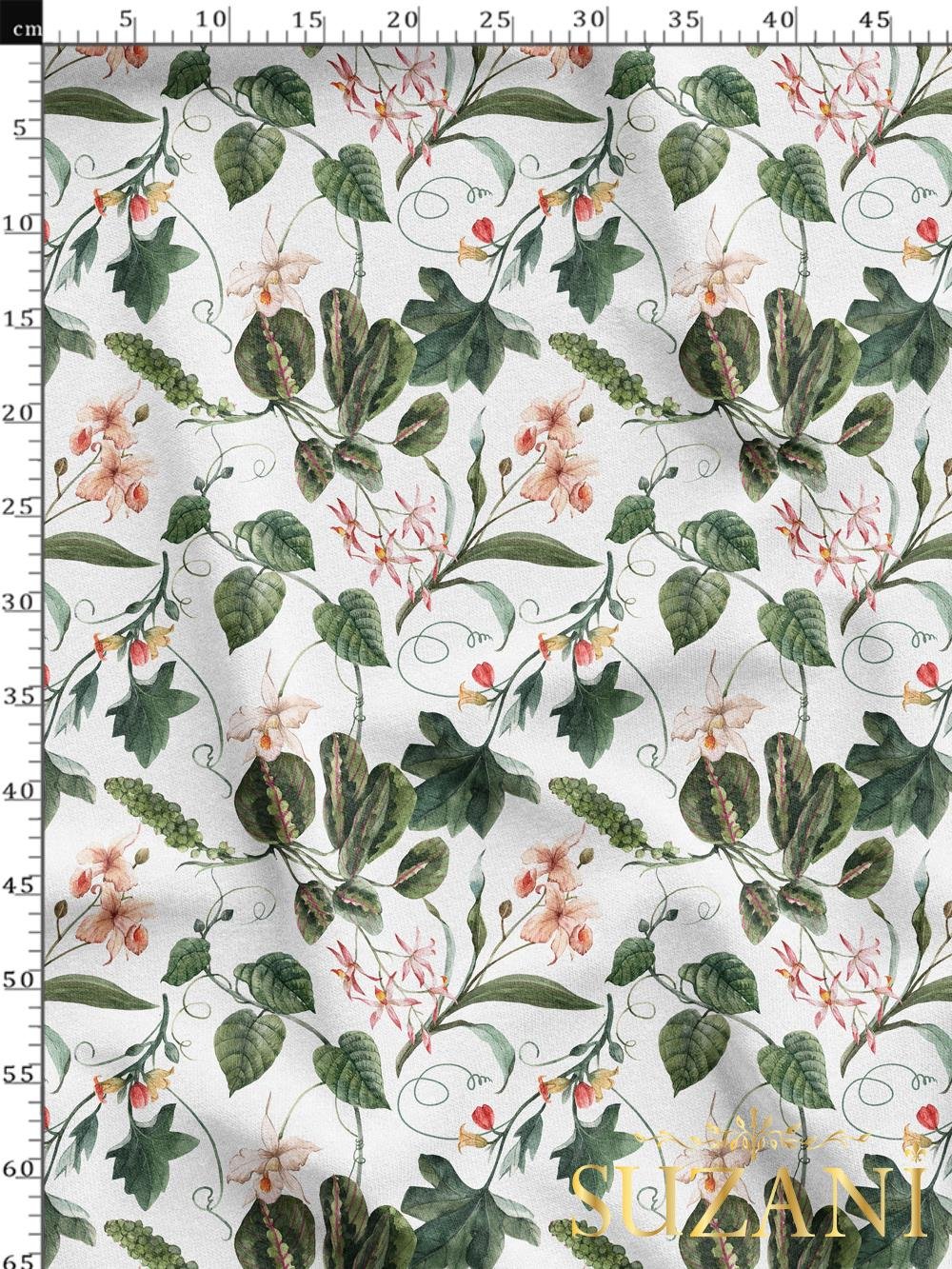 Beyaz Botanik Desenli Dijital Baskılı Kumaş