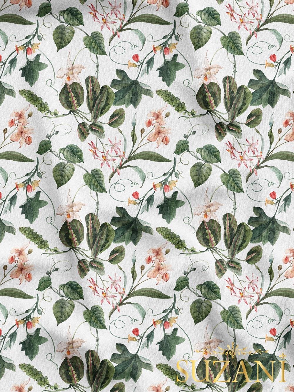 Beyaz Botanik Desenli Dijital Baskılı Kumaş