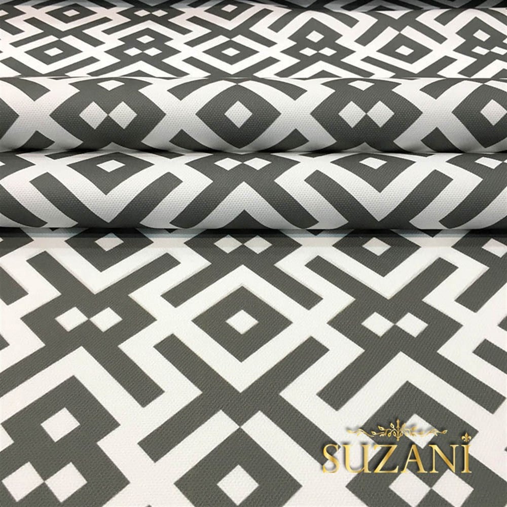 Beyaz Gri Geometrik Kumaş