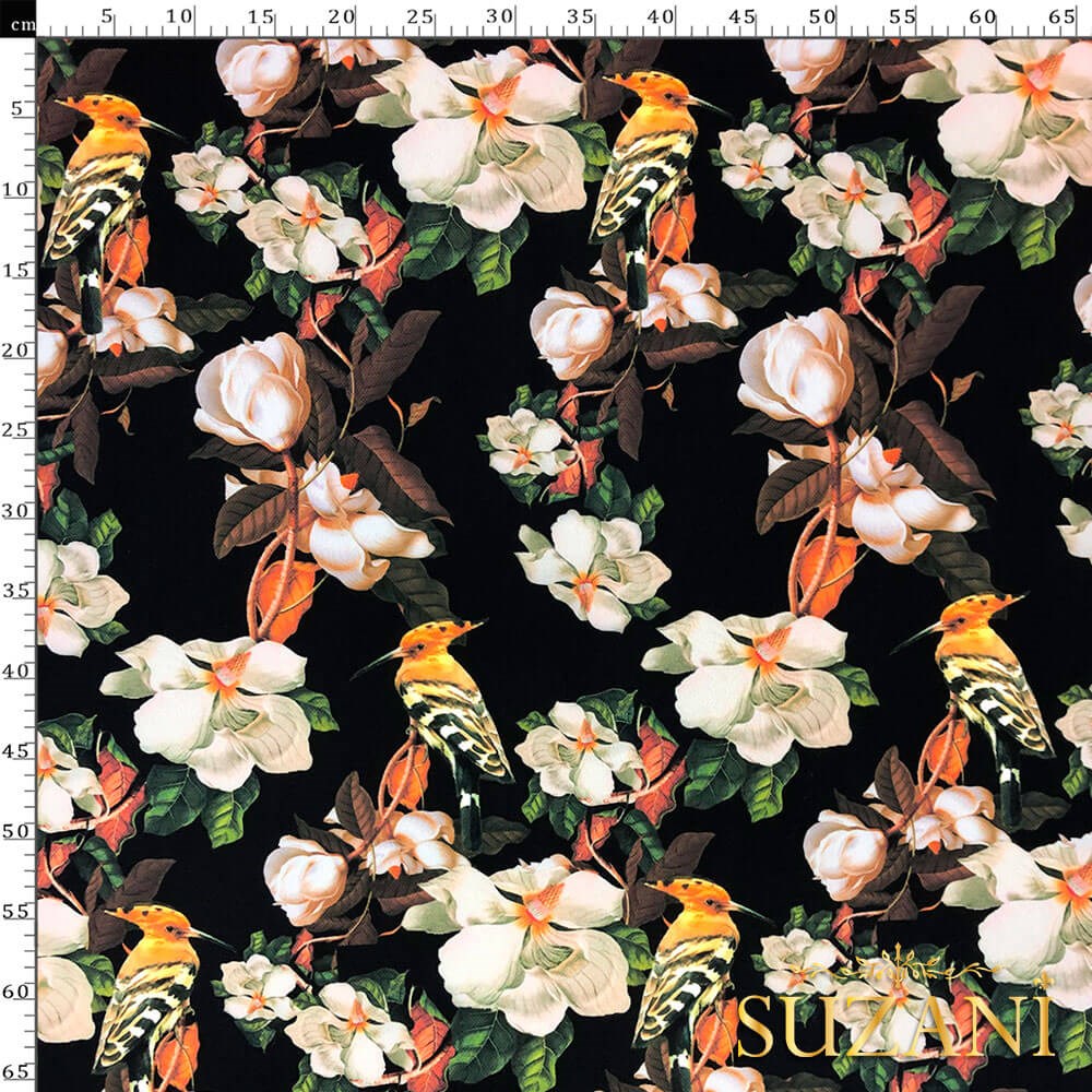 Beyaz Magnolia Desenli Dijital Baskılı Kumaş