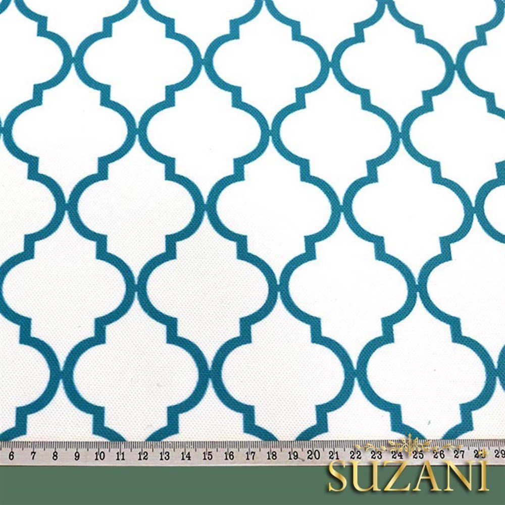 Beyaz Üzeri Turkuaz Moroccan Desenli Kumaş