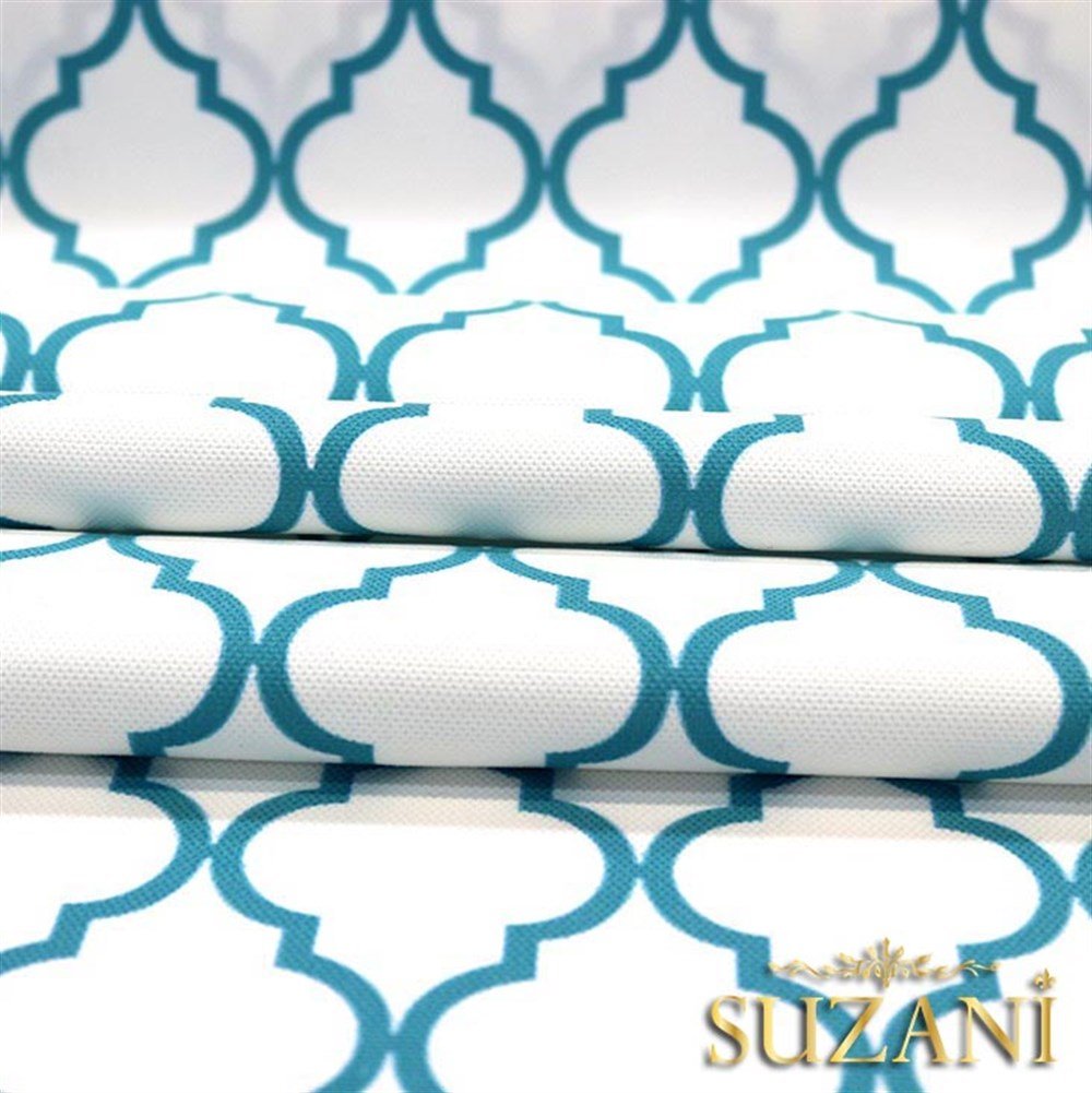 Beyaz Üzeri Turkuaz Moroccan Desenli Kumaş