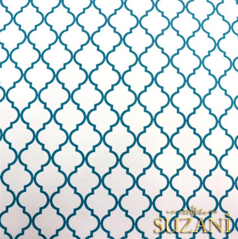 Beyaz Üzeri Turkuaz Moroccan Desenli Kumaş