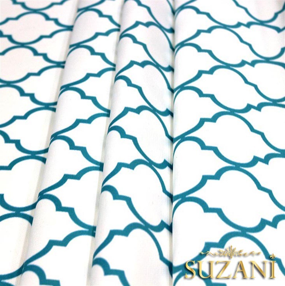 Beyaz Üzeri Turkuaz Moroccan Desenli Kumaş