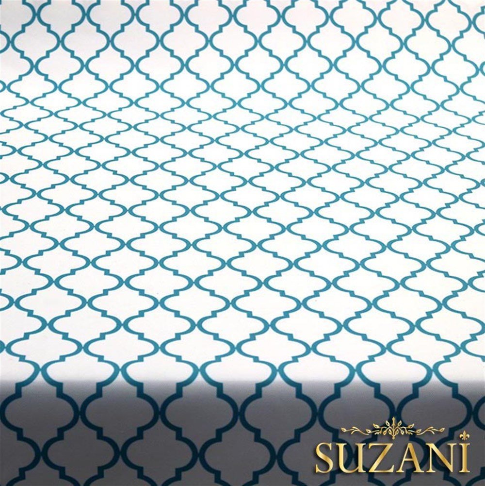 Beyaz Üzeri Turkuaz Moroccan Desenli Kumaş