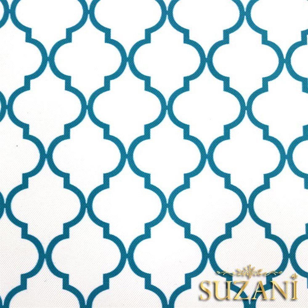 Beyaz Üzeri Turkuaz Moroccan Desenli Kumaş