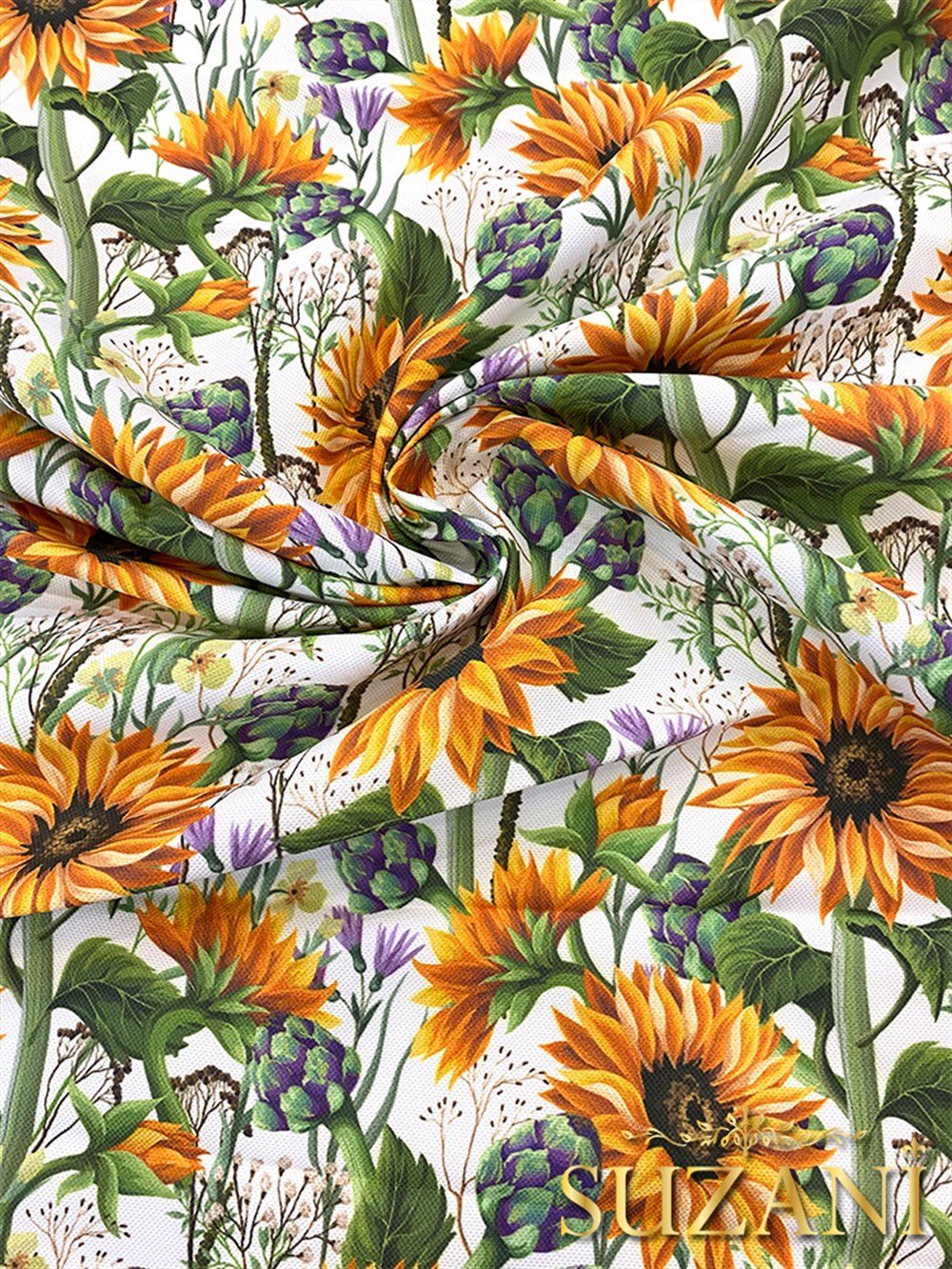 Beyaz Zemin Ayçiçeği Desenli Dijital Baskılı Kumaş