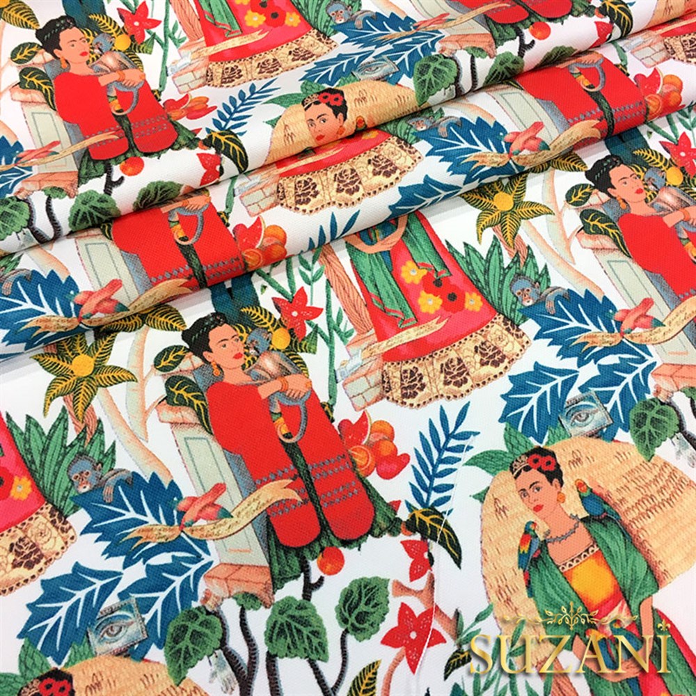 Beyaz Zemin Frida Kahlo Desenli Kumaş