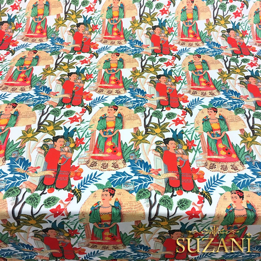 Beyaz Zemin Frida Kahlo Desenli Kumaş