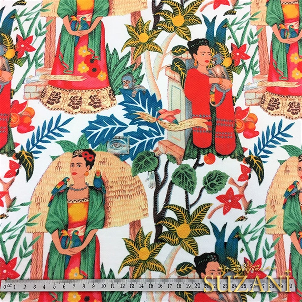 Beyaz Zemin Frida Kahlo Desenli Kumaş